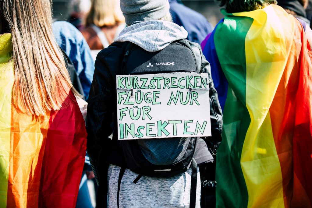 Drei junge Menschen bei einer Klimademonstration, von hinten aufgenommen. Die Person in der Mitte trägt an ihrem Rucksack ein Pappschild mit der Auschrifft: "Kurzstreckenflüge nur für Insekten".