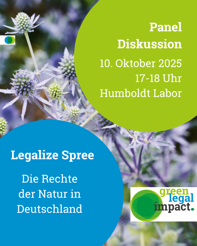 Veranstaltungsankündigung für die Podiumsdiskussion zum Thema "Legalize Spree - Die Rechte der Natur in Deutschland" am 10. Oktober 2025 von 17 bis 18 Uhr im Humboldt Labor