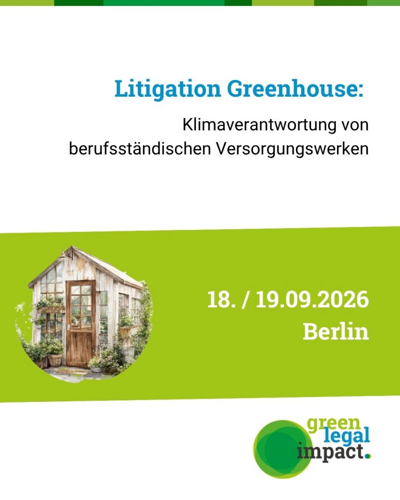 Veranstaltungsankündigung für das Litigation Greenhouse zur Klimaschutzverantwortung beruffständischer Versorgungswerke